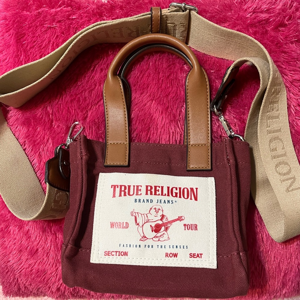 True Religion Burgundy Canvas Tote with Tan Accents
